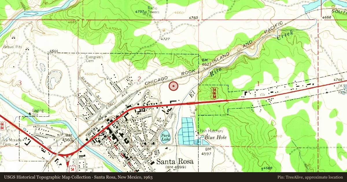 Santa Rosa, New Mexico, 1963, covering the location of Santa Rosa, with a pin at the marker's coordinates