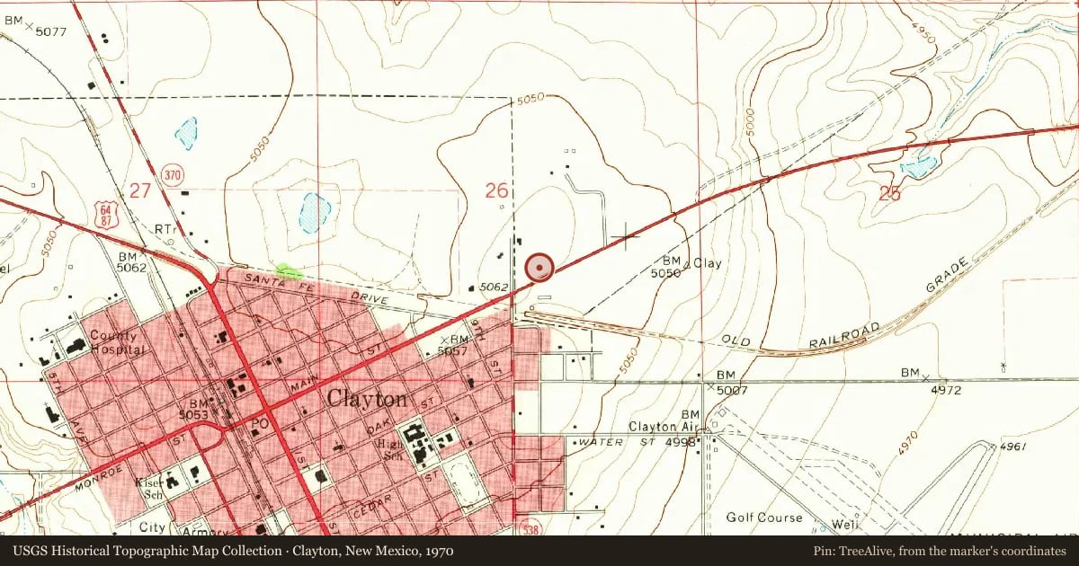 Clayton, New Mexico, 1970, covering the location of Santa Fe Trail – Cimarron Cutoff, with a pin at the marker's coordinates