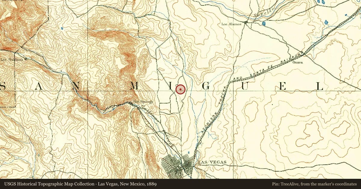Las Vegas, New Mexico, 1889, covering the location of Storrie Lake State Park, with a pin at the marker's coordinates