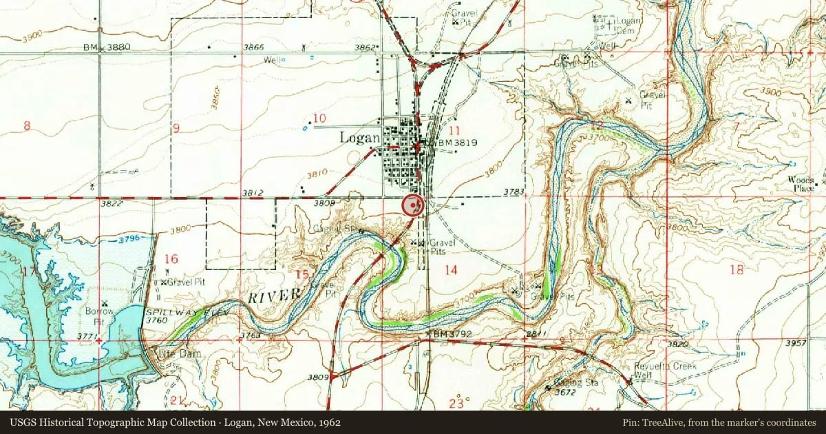 Logan, New Mexico, 1962, covering the location of Ute Lake State Park, with a pin at the marker's coordinates