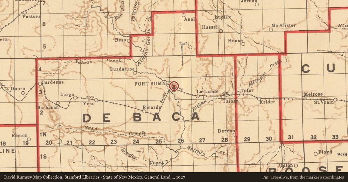 State of New Mexico. General Land Office, 1927, covering the location of Early Spanish Route, with a pin at the marker's coordinates
