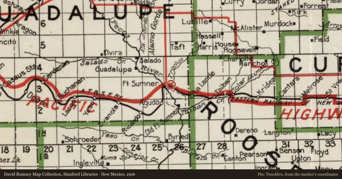 New Mexico, 1916, covering the location of Sunnyside Springs, with a pin at the marker's coordinates