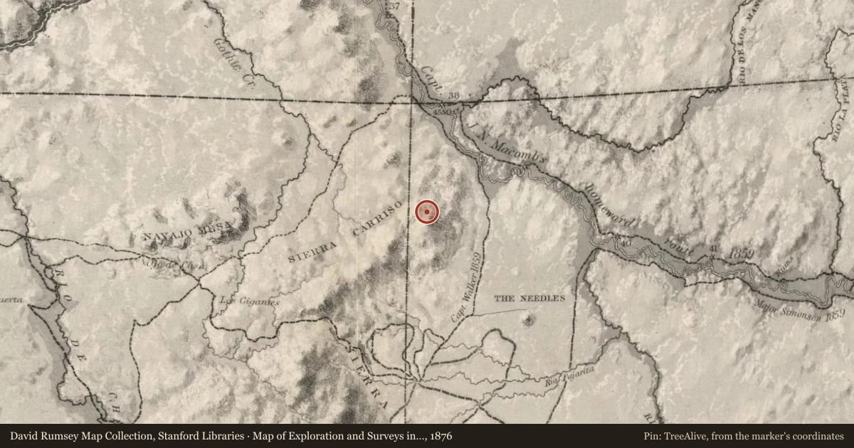 Map of Exploration and Surveys in New Mexico and Utah, 1876, covering the location of Beclabito Dome, with a pin at the marker's coordinates