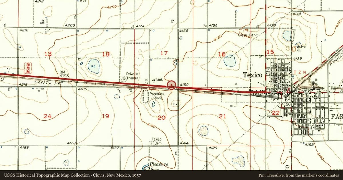 Clovis, New Mexico, 1957, covering the location of Clovis, with a pin at the marker's coordinates