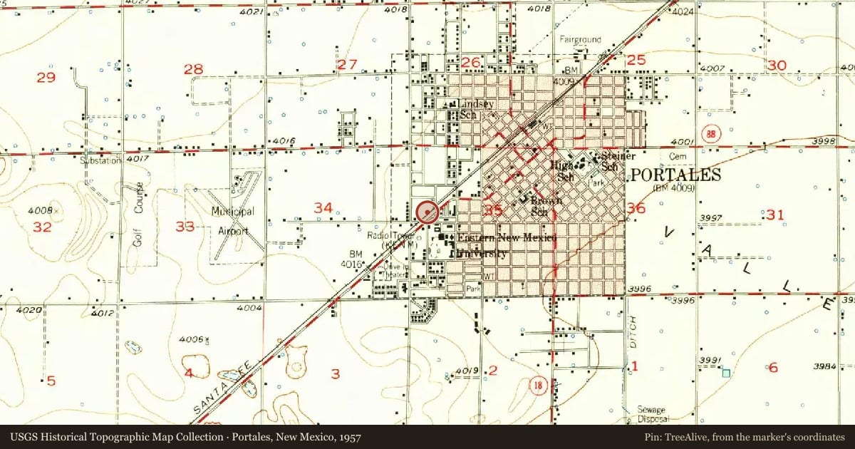 Portales, New Mexico, 1957, covering the location of Eastern New Mexico University, with a pin at the marker's coordinates