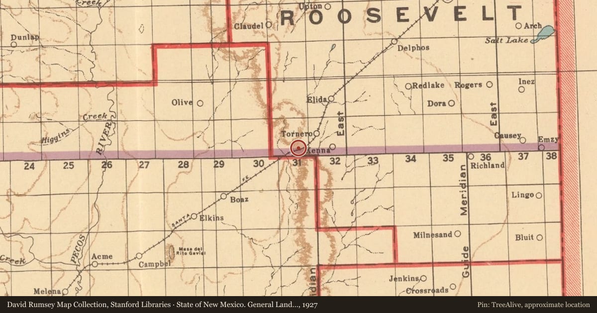 State of New Mexico. General Land Office, 1927, covering the location of Pecos Valley, with a pin at the marker's coordinates