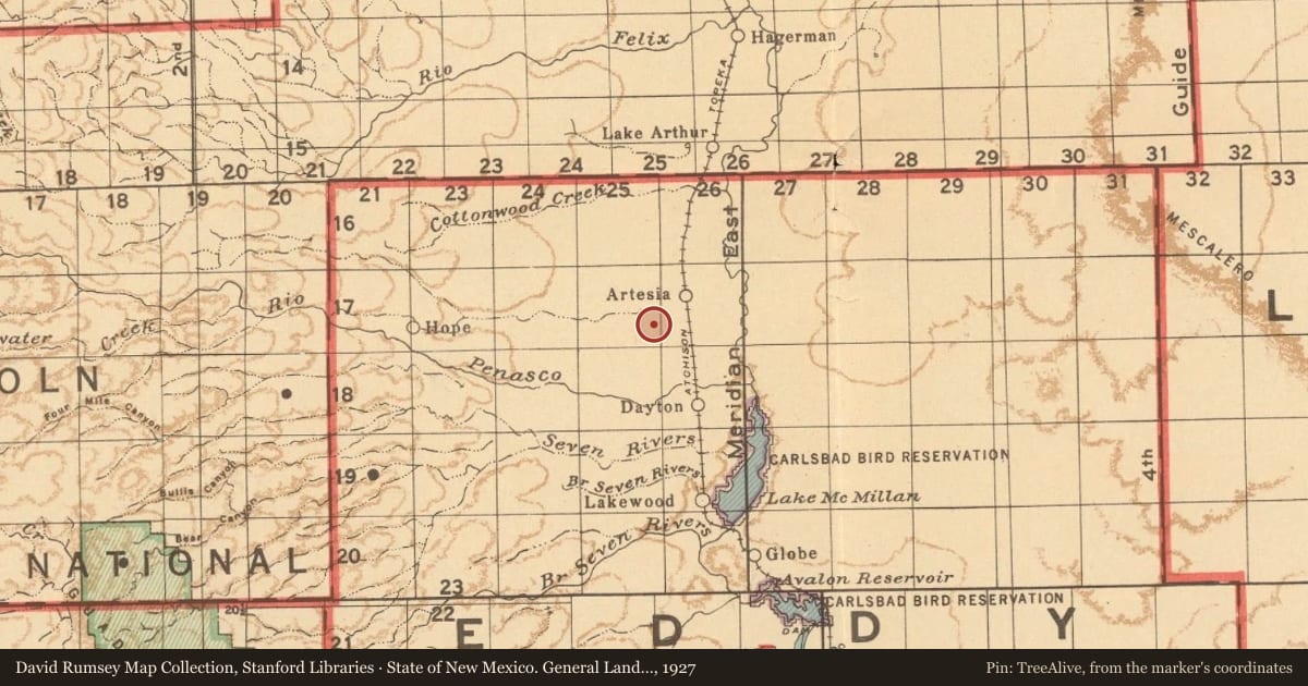 State of New Mexico. General Land Office, 1927, covering the location of Castaño de Sosa’s Route (1), with a pin at the marker's coordinates