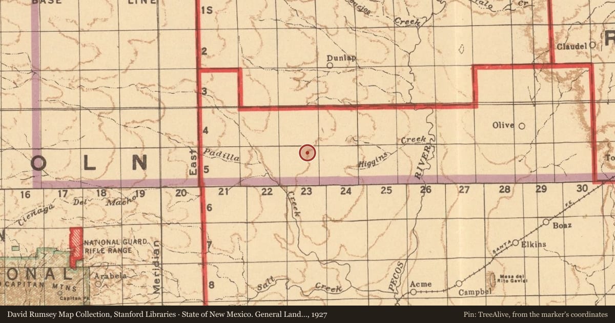 State of New Mexico. General Land Office, 1927, covering the location of Mesa and Pecos Valley, with a pin at the marker's coordinates