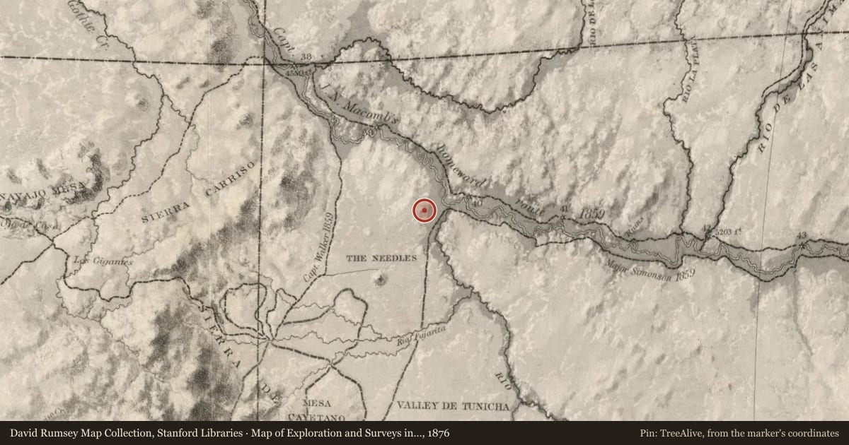 Map of Exploration and Surveys in New Mexico and Utah, 1876, covering the location of Shiprock (1), with a pin at the marker's coordinates