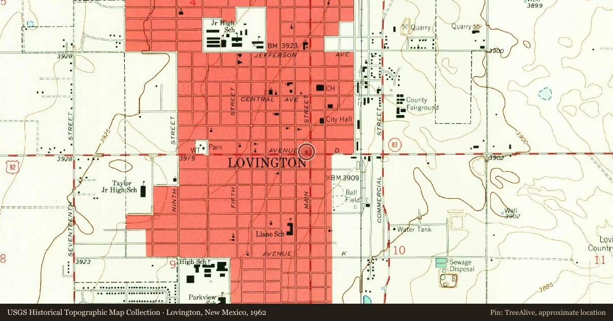 Lovington, New Mexico, 1962, covering the location of Lovington, with a pin at the marker's coordinates