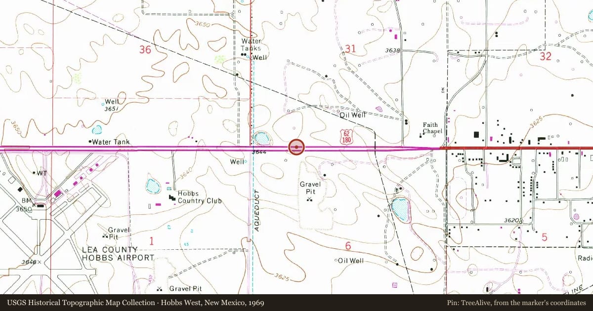 Hobbs West, New Mexico, 1969, covering the location of Hobbs, with a pin at the marker's coordinates