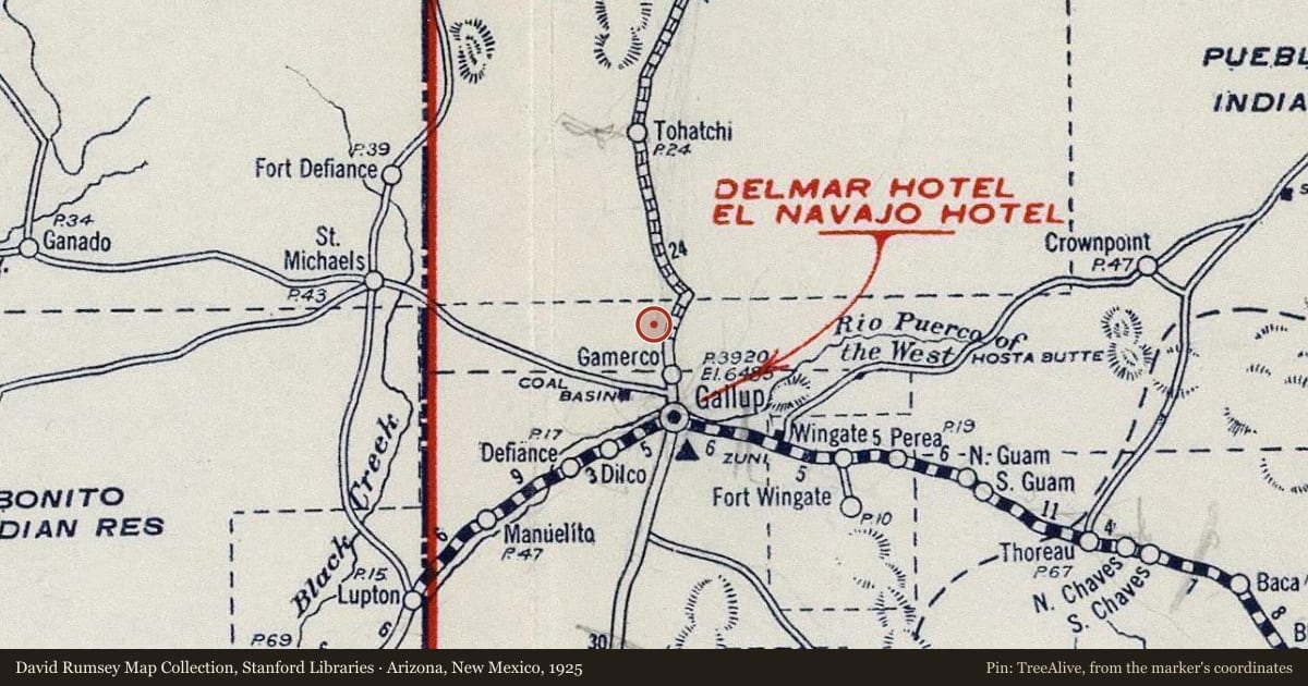 Arizona, New Mexico, 1925, covering the location of Navajo Indian Reservation, with a pin at the marker's coordinates