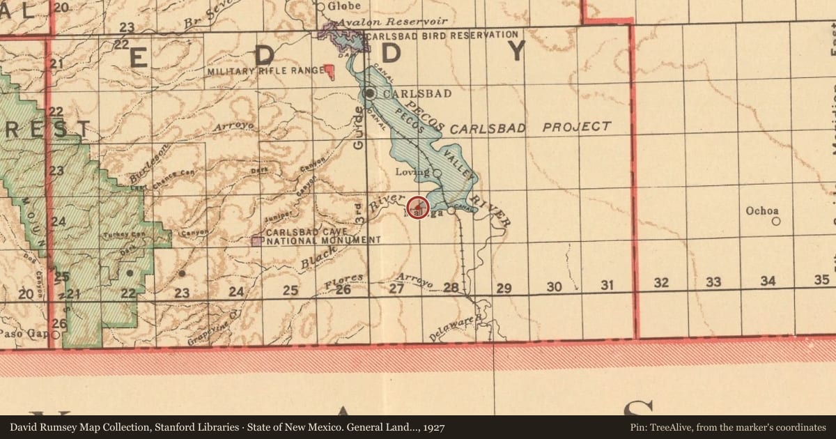 State of New Mexico. General Land Office, 1927, covering the location of Espejo’s Trail, with a pin at the marker's coordinates