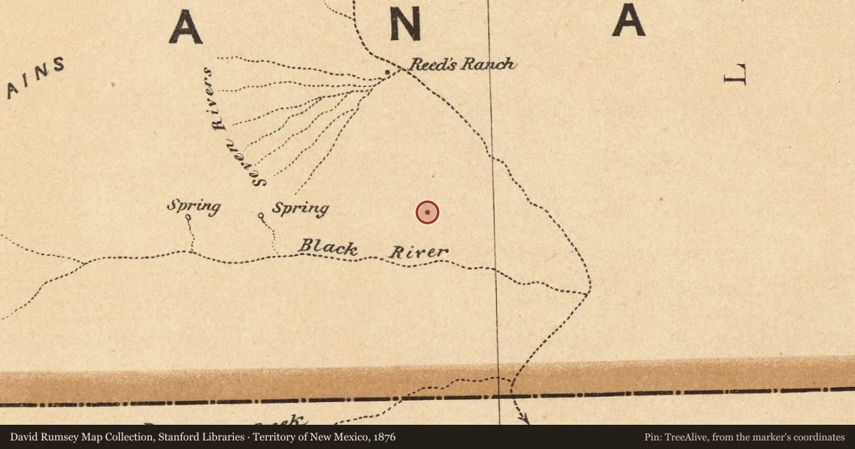 Territory of New Mexico, 1876, covering the location of Loving’s Bend, with a pin at the marker's coordinates