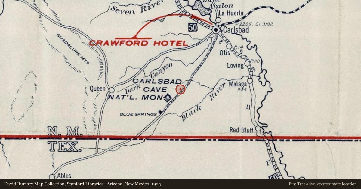 Arizona, New Mexico, 1925, covering the location of Carlsbad Caverns National Park (1), with a pin at the marker's coordinates