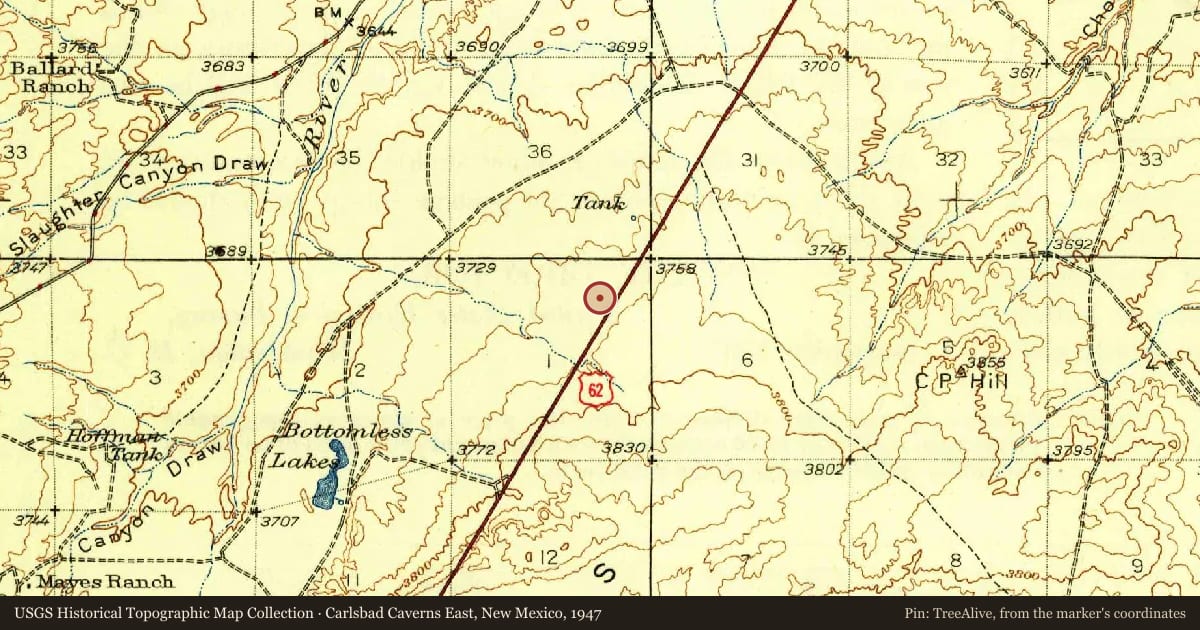 Carlsbad Caverns East, New Mexico, 1947, covering the location of Guadalupe Mountains, with a pin at the marker's coordinates
