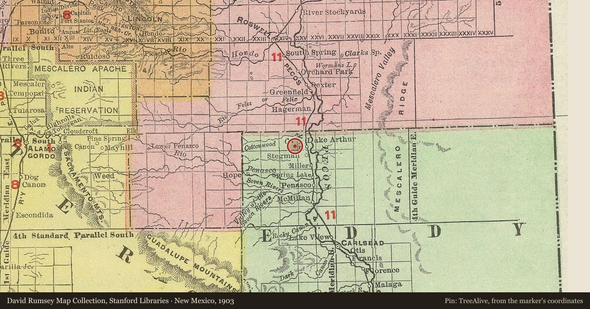 New Mexico, 1903, covering the location of Artesia, with a pin at the marker's coordinates