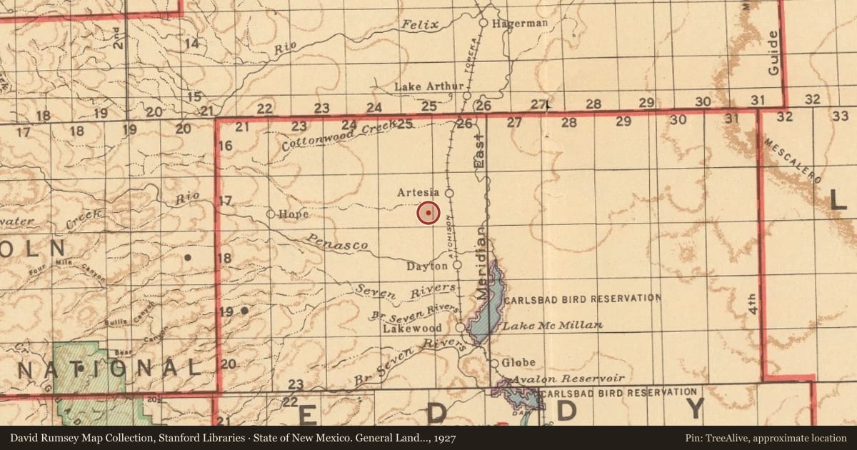 State of New Mexico. General Land Office, 1927, covering the location of Castaño de Sosa’s Route (2), with a pin at the marker's coordinates