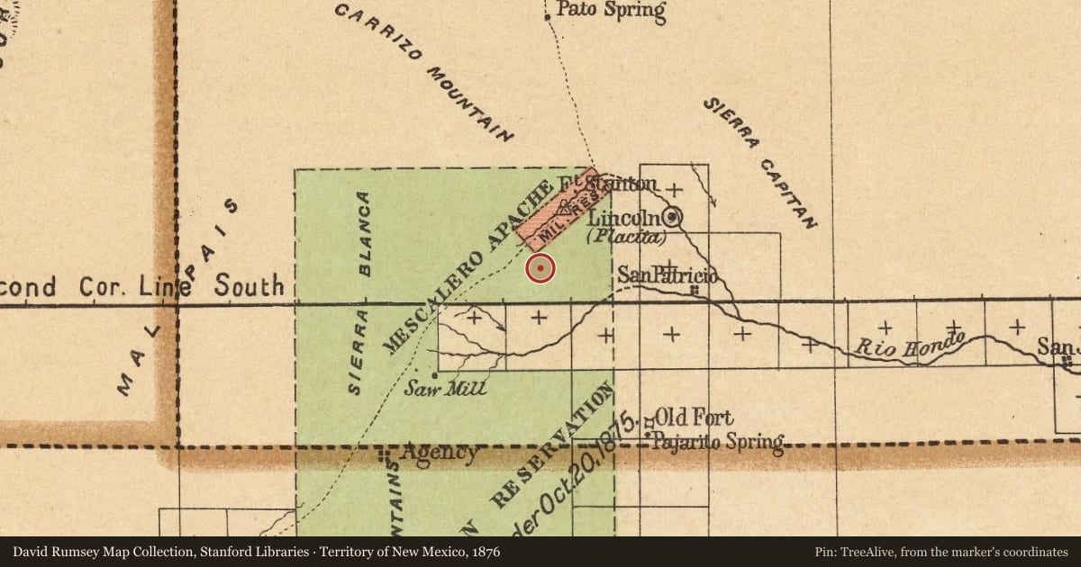 Territory of New Mexico, 1876, covering the location of John H. Tunstall Murder Site, with a pin at the marker's coordinates