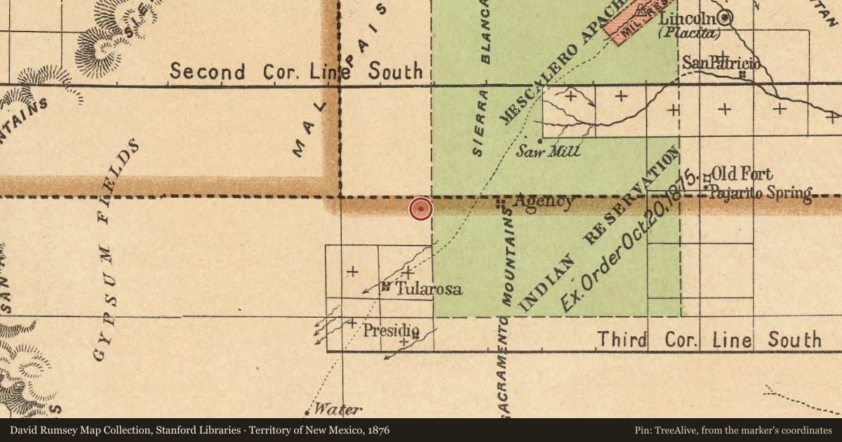 Territory of New Mexico, 1876, covering the location of Blazer’s Mill, with a pin at the marker's coordinates