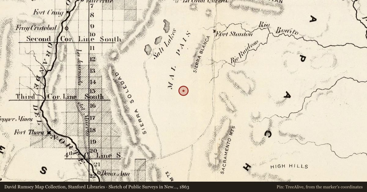 Sketch of Public Surveys in New Mexico 1863, 1863, covering the location of Tularosa, with a pin at the marker's coordinates