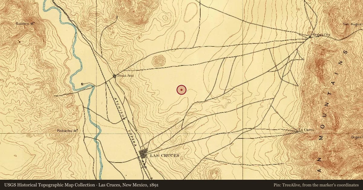 Las Cruces, New Mexico, 1891, covering the location of Pat Garrett Murder Site, with a pin at the marker's coordinates