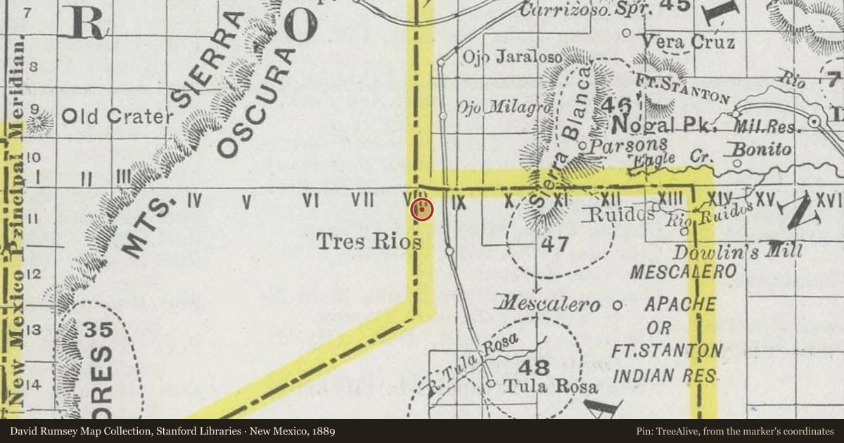 New Mexico, 1889, covering the location of Three Rivers, with a pin at the marker's coordinates