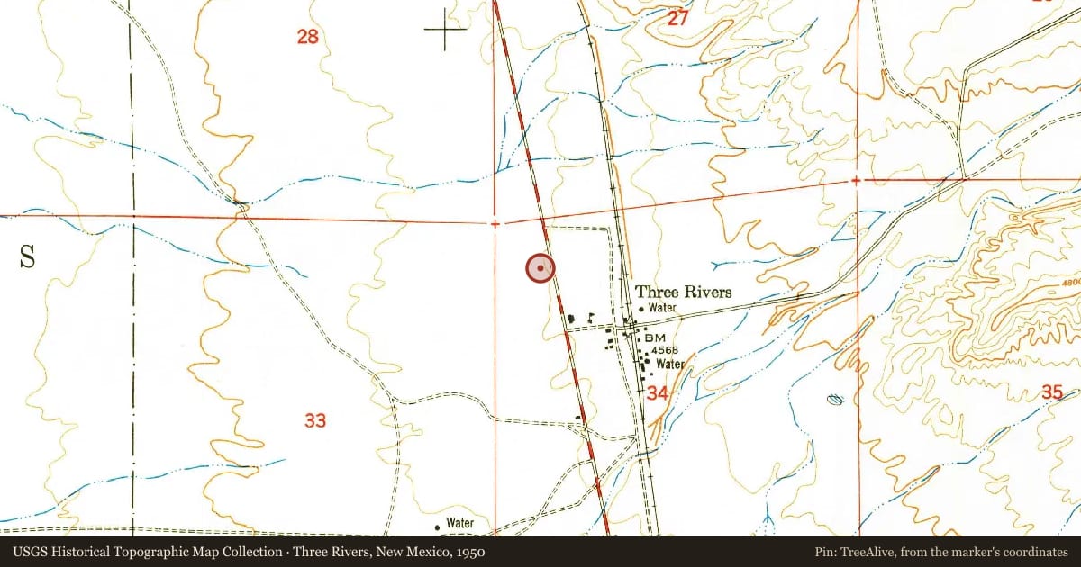 Three Rivers, New Mexico, 1950, covering the location of Three Rivers Petroglyphs, with a pin at the marker's coordinates