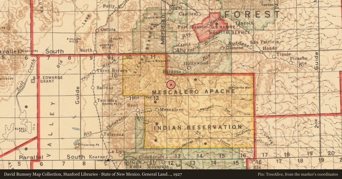 State of New Mexico. General Land Office, 1927, covering the location of Sierra Blanca, with a pin at the marker's coordinates