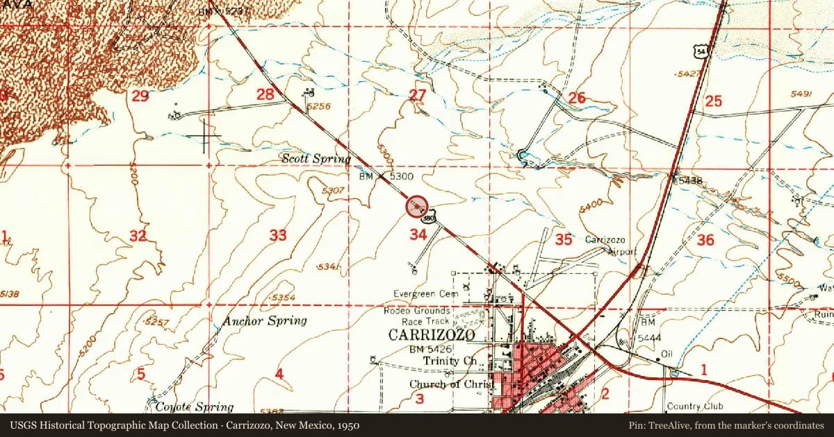 Carrizozo, New Mexico, 1950, covering the location of Malpais – Valley of Fires, with a pin at the marker's coordinates