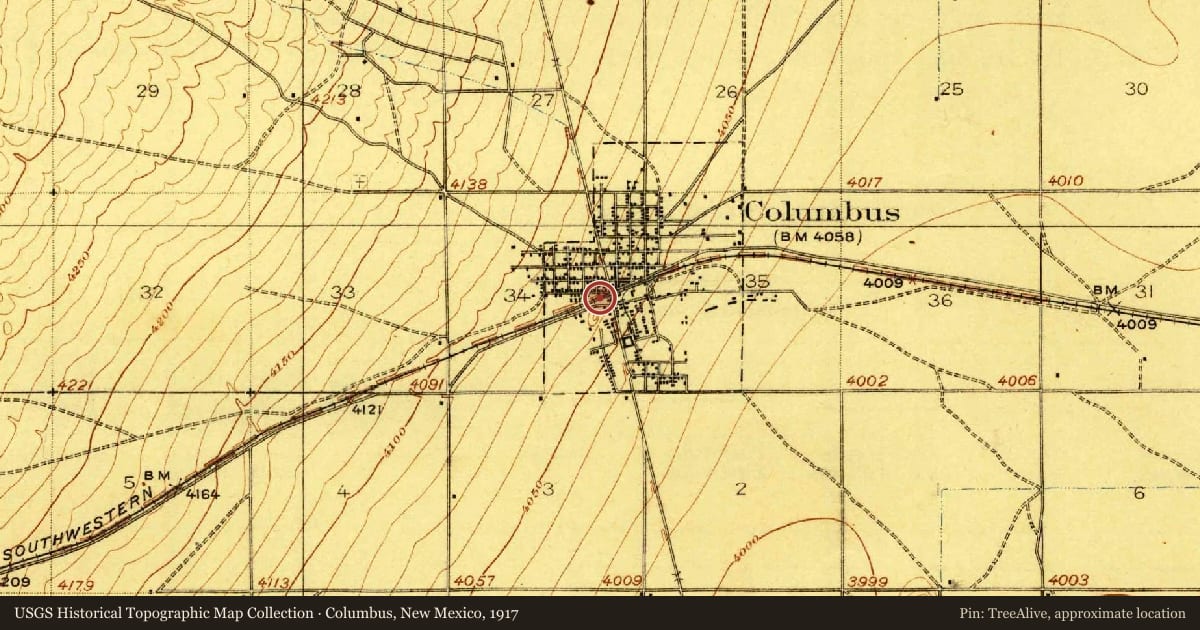 Columbus, New Mexico, 1917, covering the location of Susan Parks (1895-1981), with a pin at the marker's coordinates