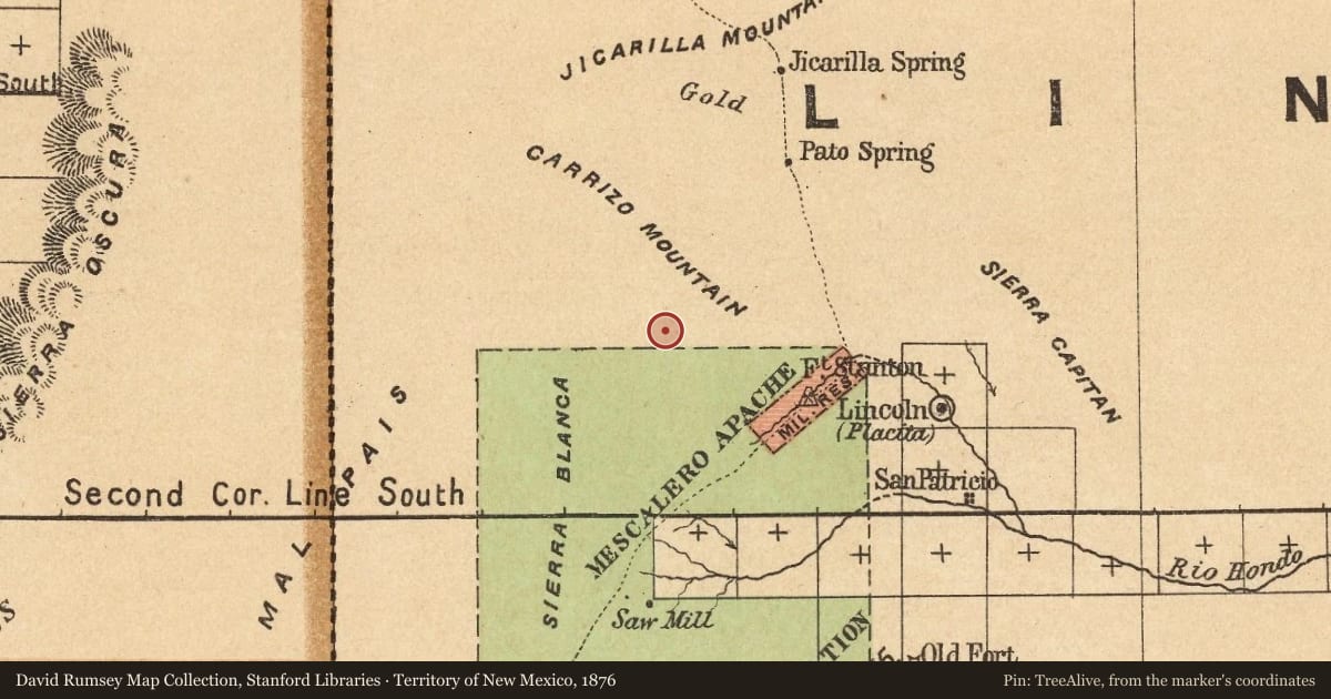 Territory of New Mexico, 1876, covering the location of Capitán (1), with a pin at the marker's coordinates