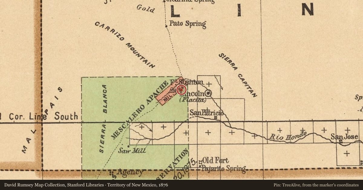 Territory of New Mexico, 1876, covering the location of Lincoln (1), with a pin at the marker's coordinates