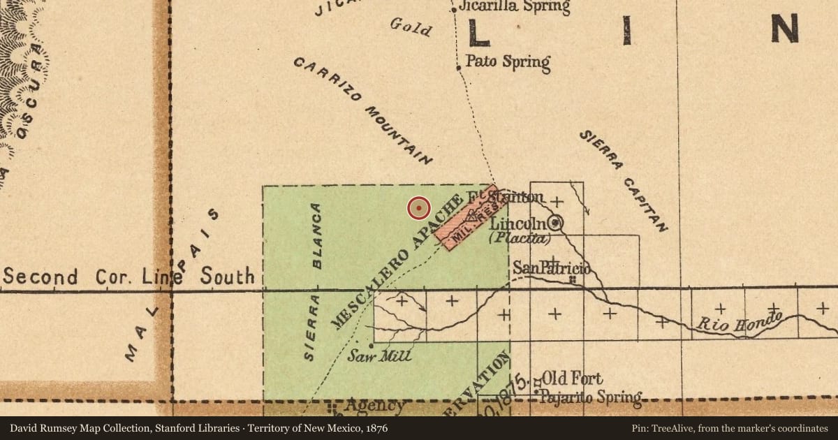 Territory of New Mexico, 1876, covering the location of Fort Stanton, 1855–1896 (1), with a pin at the marker's coordinates