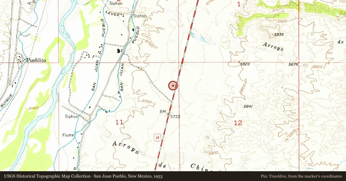 San Juan Pueblo, New Mexico, 1953, covering the location of Los Luceros Hacienda, with a pin at the marker's coordinates
