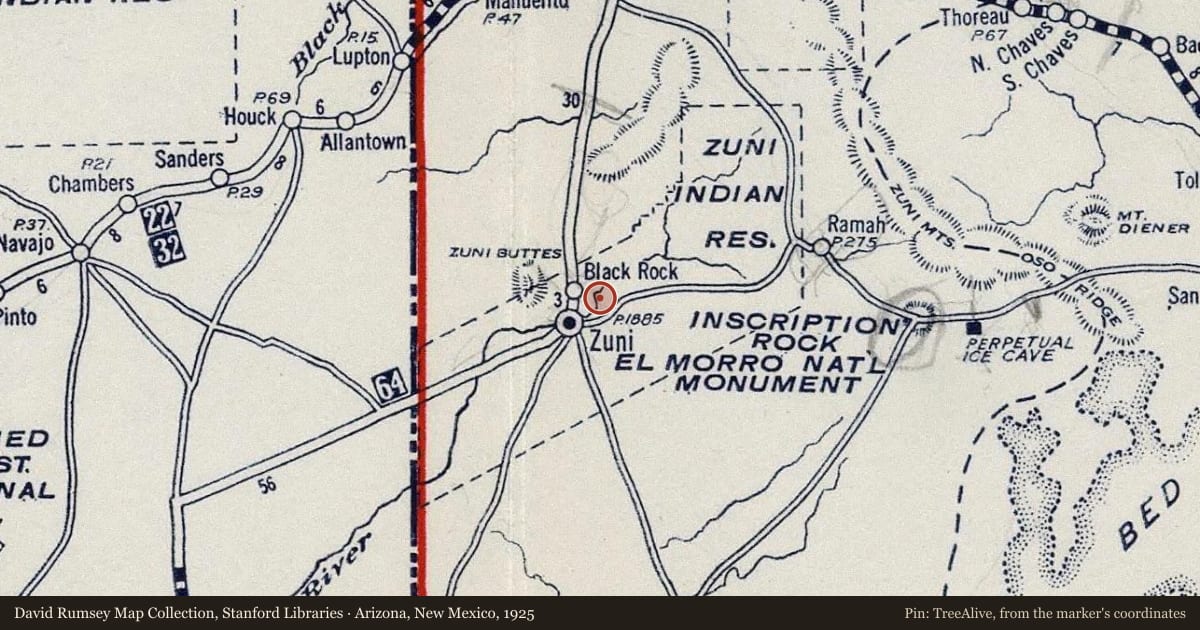 Arizona, New Mexico, 1925, covering the location of Pueblo of Zuni, with a pin at the marker's coordinates