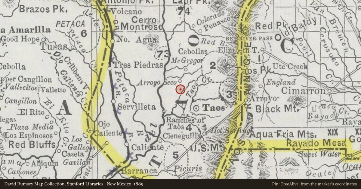 New Mexico, 1889, covering the location of Río Grande Gorge Bridge (3), with a pin at the marker's coordinates