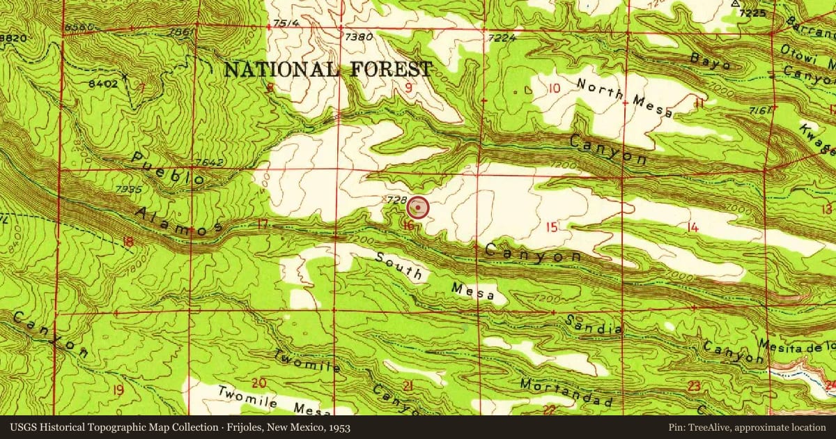Frijoles, New Mexico, 1953, covering the location of Los Alamos, with a pin at the marker's coordinates