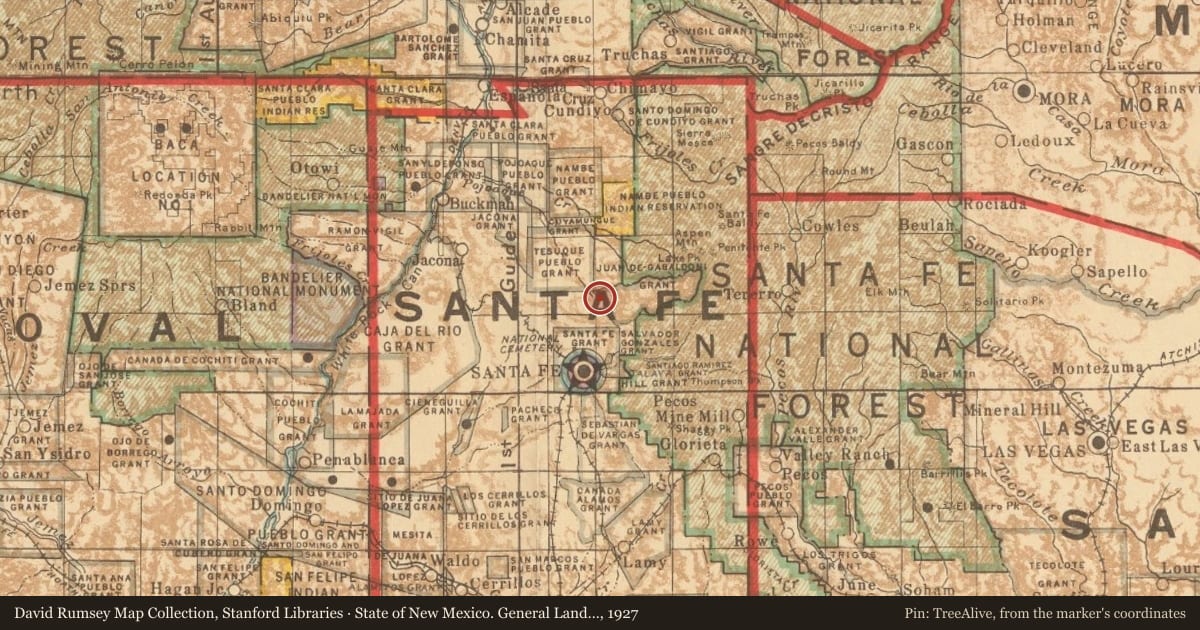 State of New Mexico. General Land Office, 1927, covering the location of Santa Fe Opera, The, with a pin at the marker's coordinates