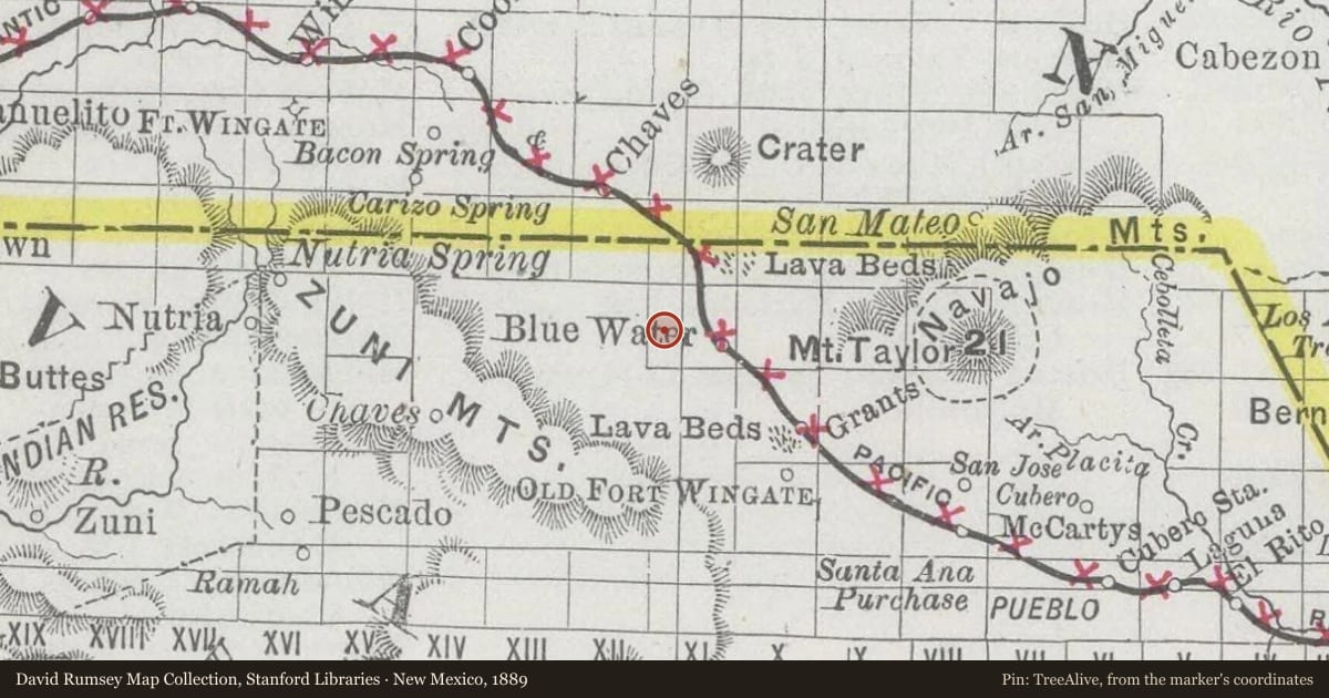 New Mexico, 1889, covering the location of Bluewater Village, with a pin at the marker's coordinates