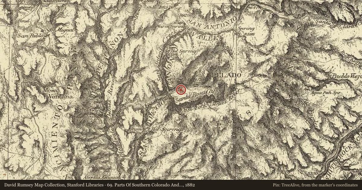 69. Parts Of Southern Colorado And Northern New Mexico, 1882, covering the location of Fenton Lake State Park, with a pin at the marker's coordinates