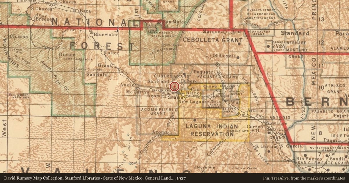 State of New Mexico. General Land Office, 1927, covering the location of Pueblo of Laguna (2), with a pin at the marker's coordinates