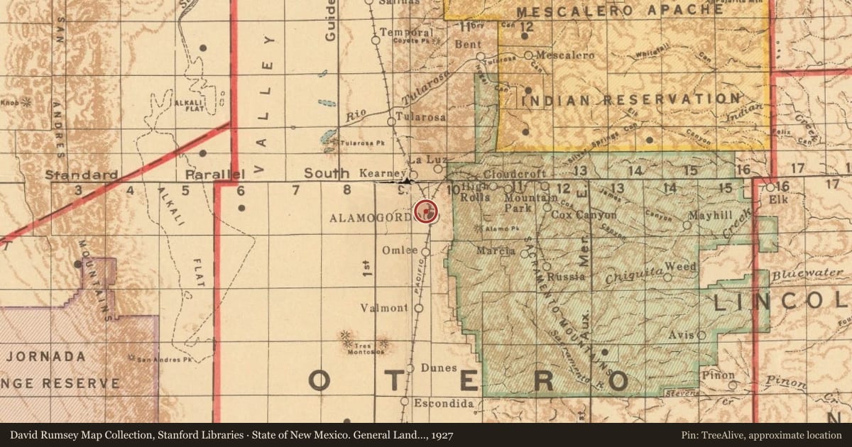 State of New Mexico. General Land Office, 1927, covering the location of New Mexico Commission for the Blind Orientation Center, with a pin at the marker's coordinates