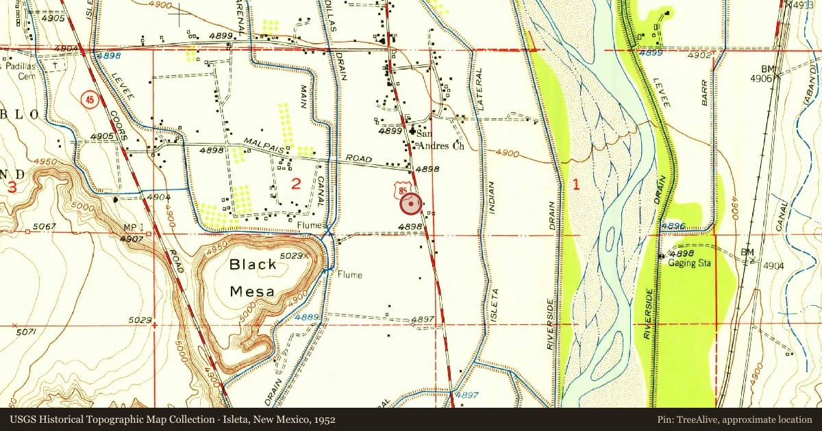 Isleta, New Mexico, 1952, covering the location of Los Padillas, with a pin at the marker's coordinates