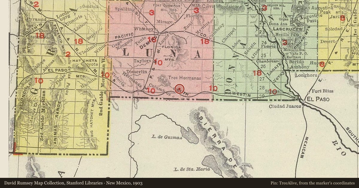 New Mexico, 1903, covering the location of Pancho Villa State Park, with a pin at the marker's coordinates