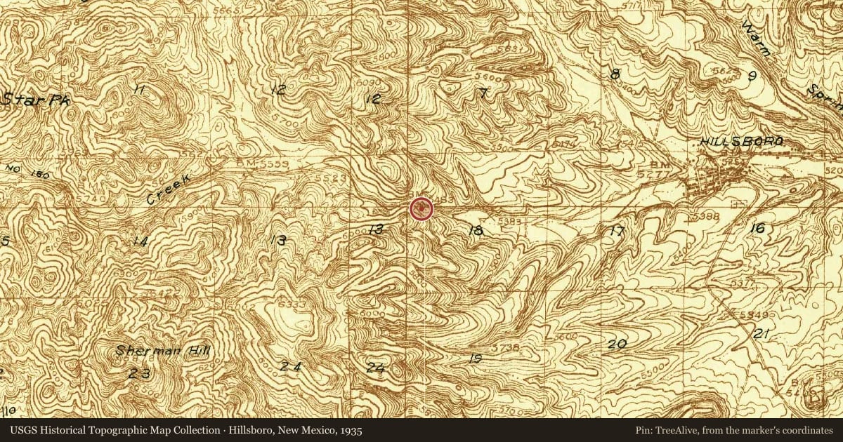Hillsboro, New Mexico, 1935, covering the location of Percha Creek Bridge, with a pin at the marker's coordinates