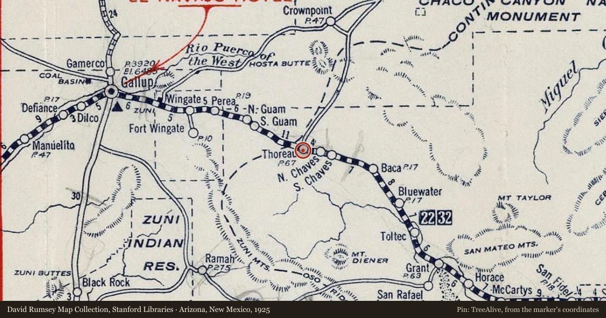 Arizona, New Mexico, 1925, covering the location of Chaco Culture National Historic Park, with a pin at the marker's coordinates