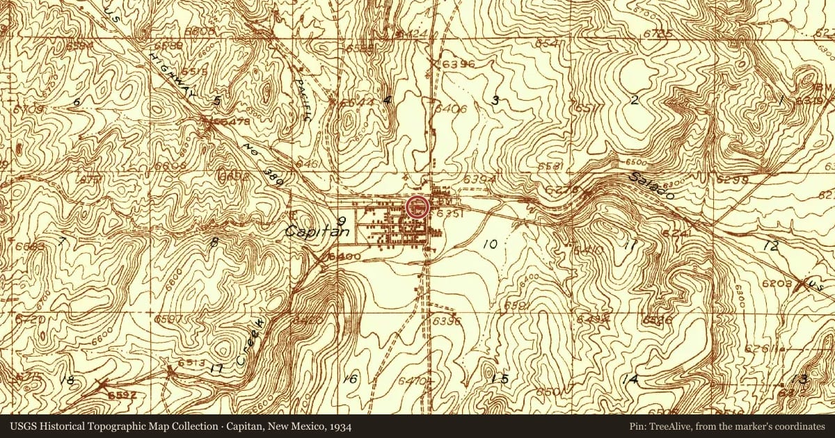 Capitan, New Mexico, 1934, covering the location of Smokey Bear Historical Park, with a pin at the marker's coordinates