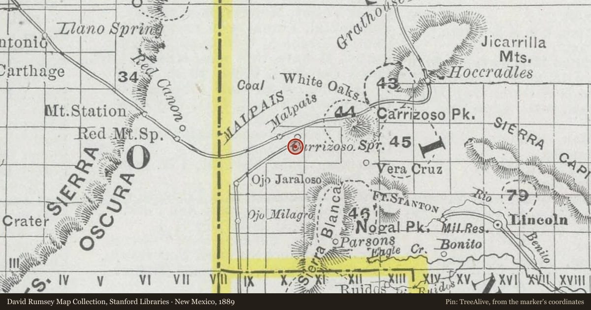 New Mexico, 1889, covering the location of Carrizozo (5), with a pin at the marker's coordinates