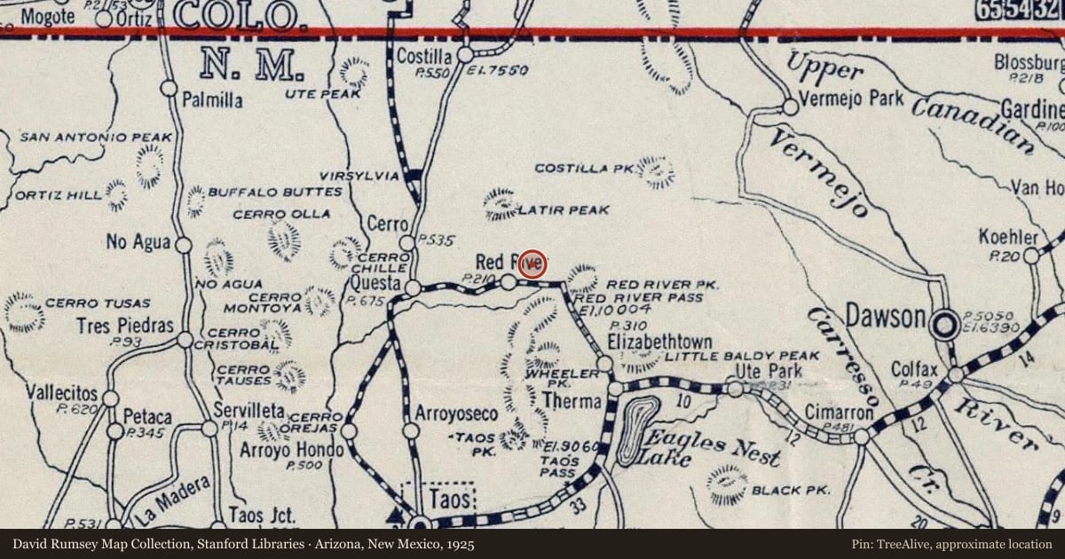 Arizona, New Mexico, 1925, covering the location of Red River Valley, with a pin at the marker's coordinates